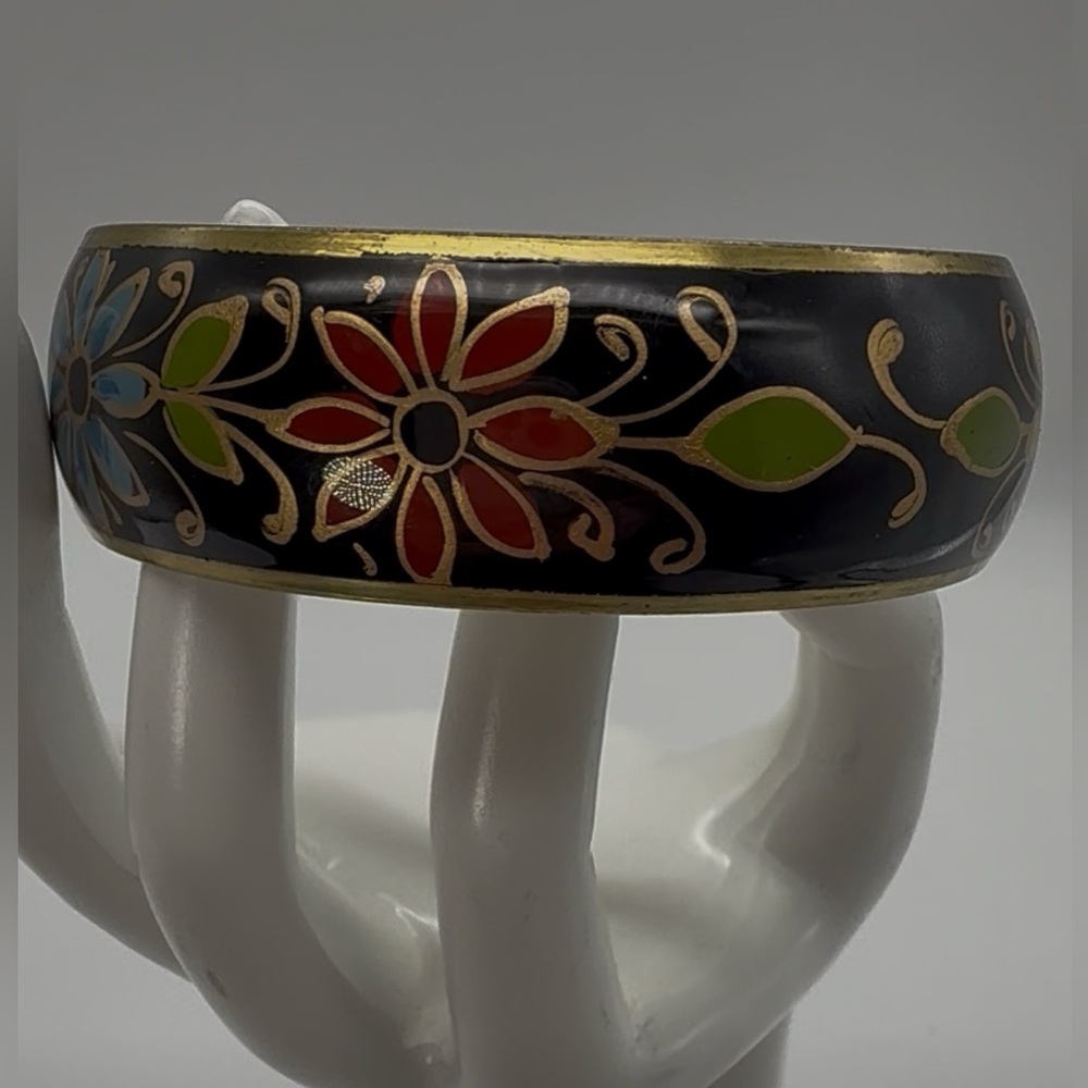 Vintage Chunky Floral Bangle Bracelet Hand Painted Floral‎ Black Statement Gift